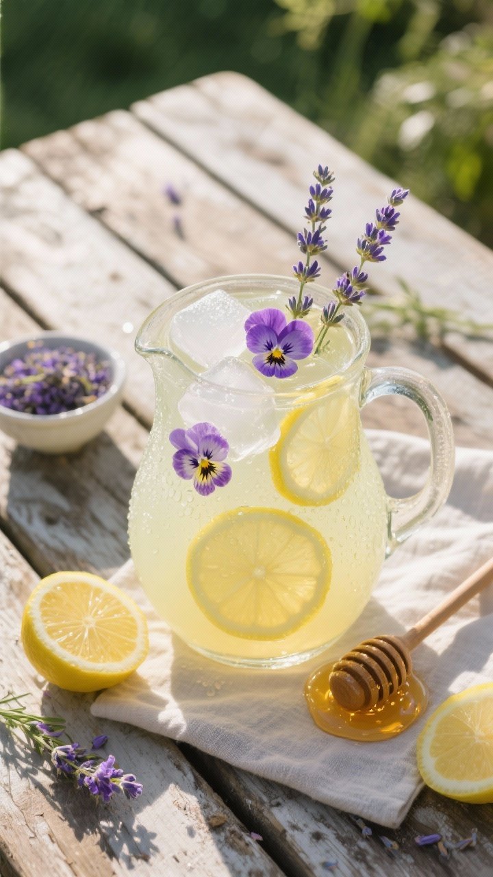 Overhead shot of a frosty pitcher of lavender-honey lemonade on a weathered picnic table, pale yellow drink with thin lemon wheels, sprigs of fresh lavender, and translucent edible flower ice cubes (violets, pansies) floating on top; condensation beading on the glass, honey dipper nearby with a sheen of honey, sliced lemons and a small bowl of dried culinary lavender scattered around; bright, sunlit cottagecore styling with linen napkin and botanical shadows, crisp and refreshing mood.
