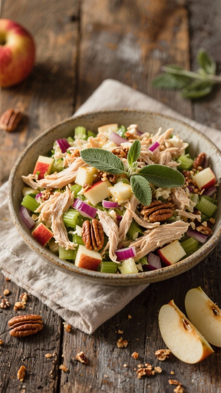 Overhead shot of a rustic bowl of harvest chicken salad: shredded cooked chicken, diced Honeycrisp apple, finely chopped celery, red onion, and roughly chopped toasted pecans, lightly dressed and piled high; garnished with fresh sage leaves, set on a weathered wooden table with a linen napkin and a few apple slices and pecan crumbs scattered for texture, warm autumn light.