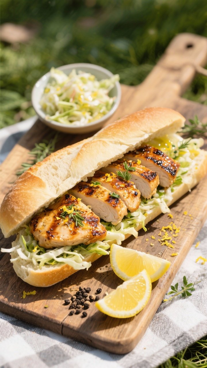 Overhead shot of a sliced ciabatta-style baguette stuffed with lemon-herb grilled chicken thighs, crunchy slaw, and a glossy olive oil sheen; visible lemon zest, oregano, garlic powder rub on the charred chicken, with lemon halves, black pepper, and a small bowl of slaw on a rustic picnic board; bright, zesty mood, no people, crisp textures, high contrast, natural daylight.