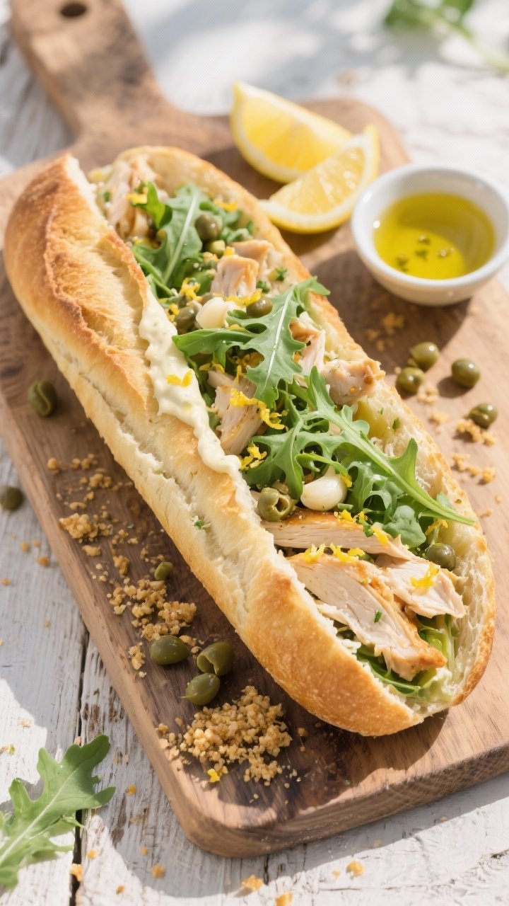 Overhead shot of a sliced lemon-herb chicken baguette on a rustic wooden board: split long baguette layered with shredded rotisserie chicken tossed in extra-virgin olive oil, lemon zest and juice, chopped capers, a swipe of garlic-lemon aioli, and a heap of peppery arugula; golden crust crumbs, lemon halves, capers scattered, and a small bowl of olive oil on the side; bright, fresh, Mediterranean picnic mood, natural daylight, crisp textures of crust and greens.