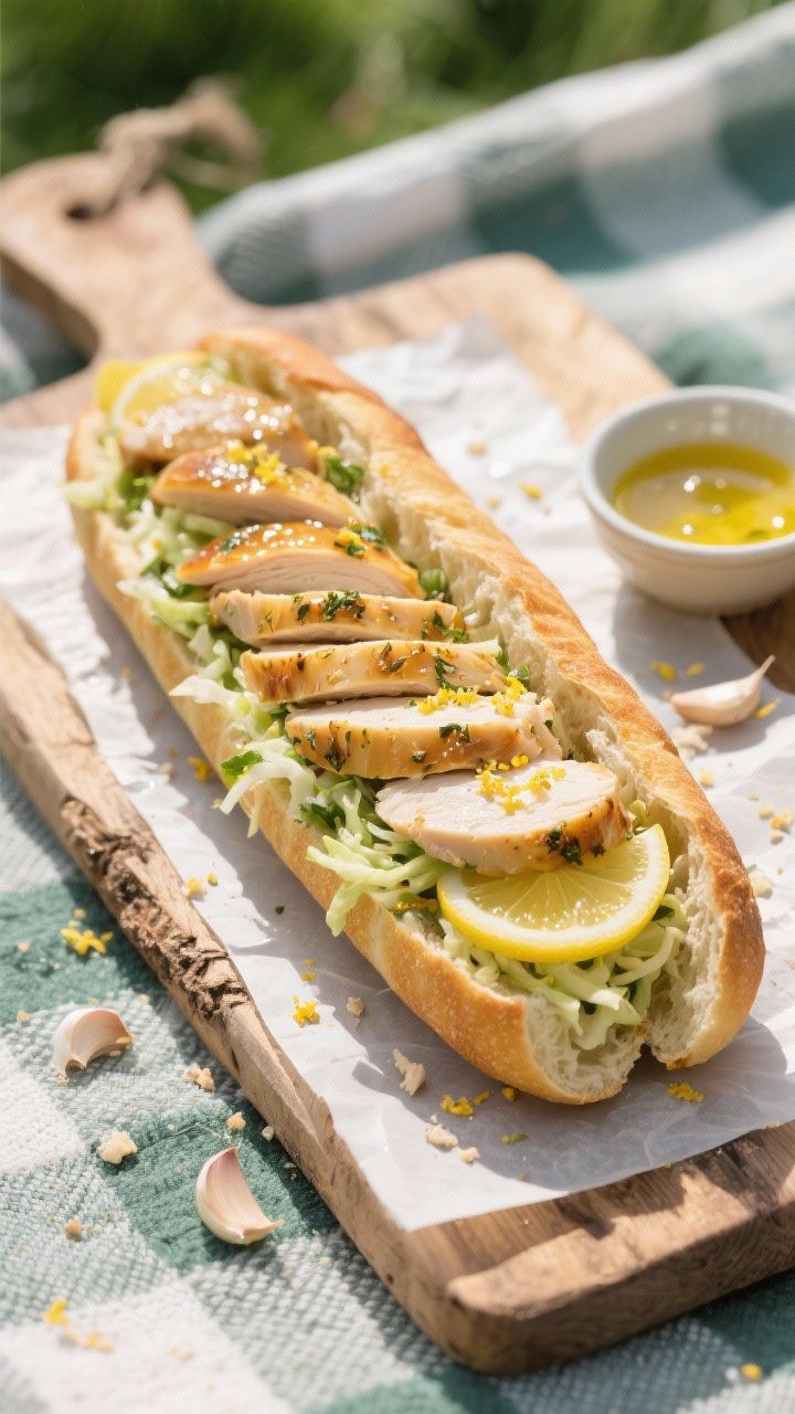Overhead shot of a sliced lengthwise baguette layered with thinly sliced lemon-herb chicken breasts, crunchy slaw, and a glossy Dijon–lemon–olive oil dressing, with lemon zest flecks and grated garlic visible; rustic picnic board, parchment beneath, crumbs and a small bowl of extra dressing on the side; bright, fresh first-date vibe, natural daylight, crisp textures emphasized.
