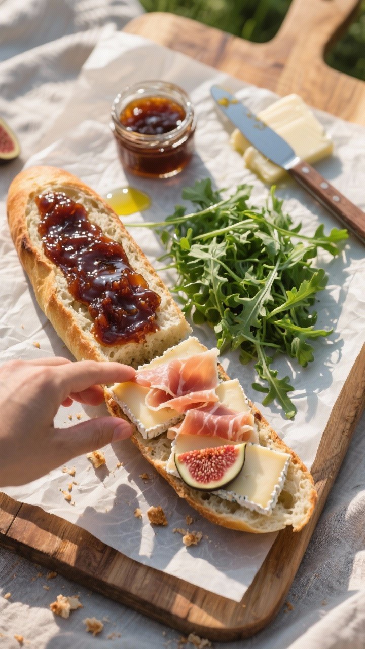 Overhead shot of a split crusty baguette being assembled: one side generously spread with glossy fig jam, the other layered with thin slices of brie (rind on) and 6–8 ribbons of prosciutto, a loose pile of peppery baby arugula ready to tuck in, and a light drizzle of extra-virgin olive oil. Styled on a parchment-lined wooden board with crumbs and a small jar of fig jam and a butter knife, natural window light, rustic picnic mood.