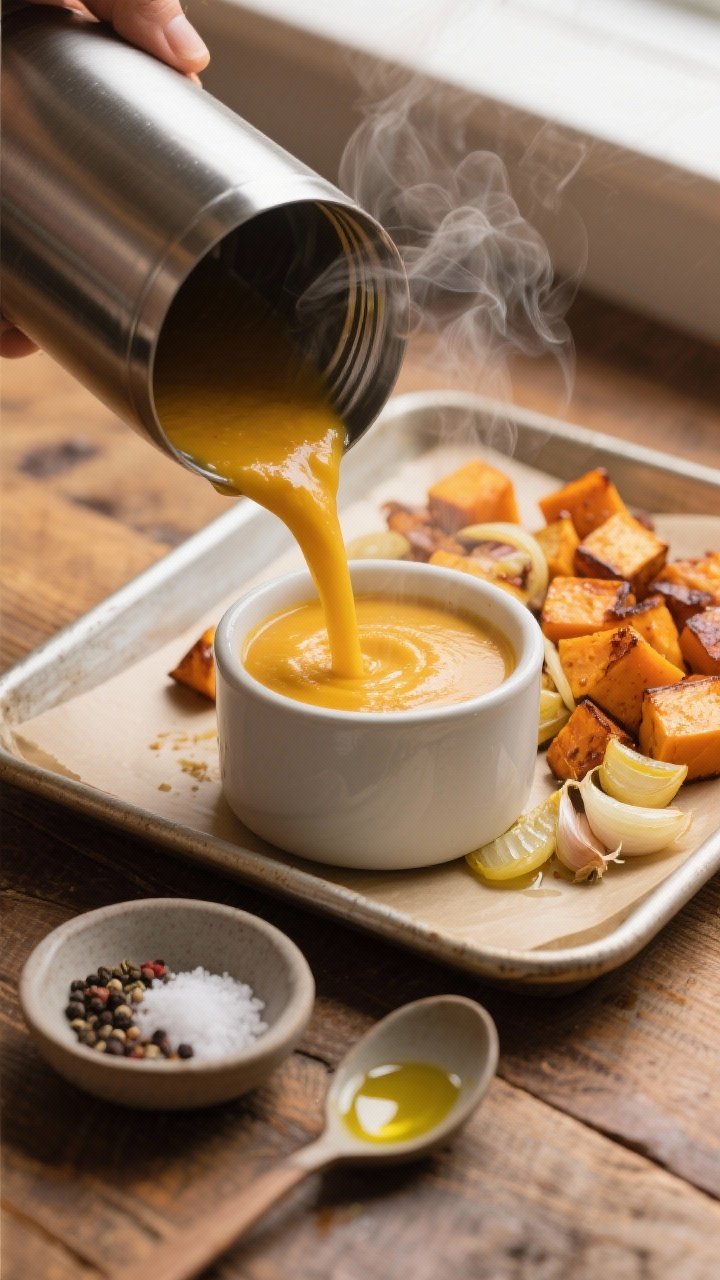 Overhead shot of a steaming maple-roasted butternut squash soup being poured into a brushed stainless steel thermos, with roasted butternut cubes, caramelized yellow onion, and smashed garlic visible on a parchment-lined sheet pan; a small dish of kosher salt and cracked black pepper, and a drizzle of olive oil nearby; warm autumn color palette, matte ceramic ladle, rustic wood surface, soft natural window light, shallow steam detail.