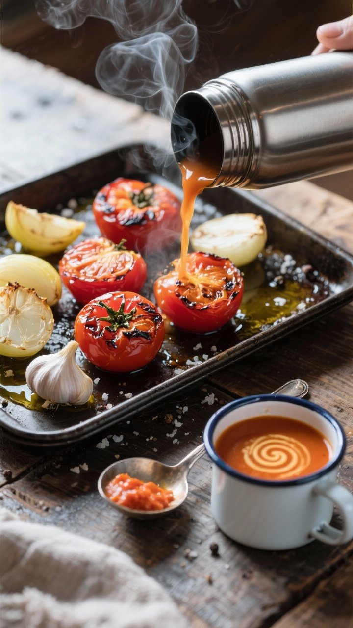 Overhead shot of a steaming roasted tomato soup being poured into a brushed-steel thermos: halved roasted ripe tomatoes with blistered skins, quartered yellow onion, and unpeeled garlic on a dark sheet pan glistening with olive oil, kosher salt, black pepper; a small spoonful of tomato paste on a ramekin; a ladle, and a small enamel mug with a swirl of soup, set on a rustic wooden table with soft winter light and faint steam visible.