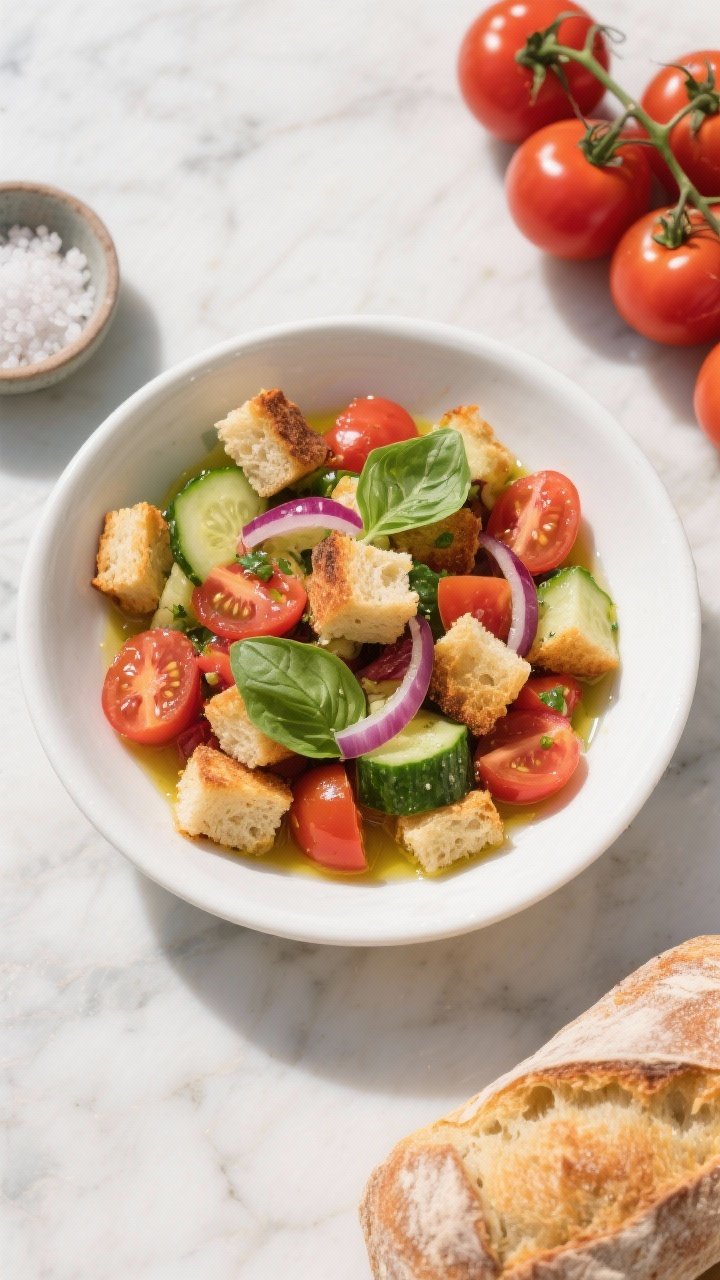 Overhead shot of a Tuscan panzanella in a wide white ceramic bowl: 1-inch cubes of rustic bread visibly crisp and golden, mixed with chopped cherry/heirloom tomatoes, English cucumber half-moons, thinly sliced red onion, and torn fresh basil leaves; glistening olive oil and a few tomato juices lightly coating but bread still crunchy; styled on a sunlit marble surface with a small bowl of flaky salt and a cluster of ripe tomatoes and a loaf of rustic bread in the corner; Italian summer vibe, vibrant reds, greens, and toasted bread texture, no people.