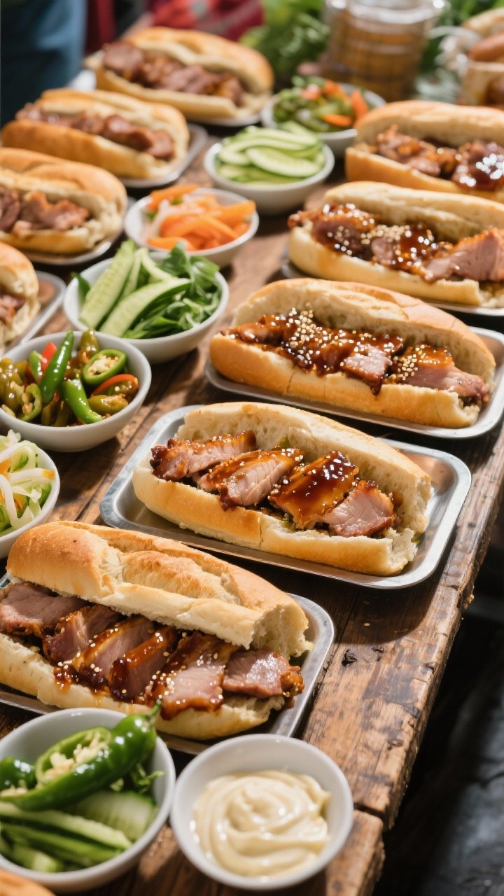 Overhead shot of a vibrant bánh mì sandwich bar spread for a crowd: warmed crusty baguette halves lined up on trays, thinly sliced caramelized pork shoulder glistening with soy sauce, fish sauce, brown sugar, rice vinegar, and sesame oil glaze, bowls of pickled veggies and herbs, sliced jalapeños, cucumber ribbons, and mayo on the side; bright, high-contrast lighting on a rustic wooden table, Vietnamese street-food vibe, emphasis on glossy pork and crunchy bread texture.