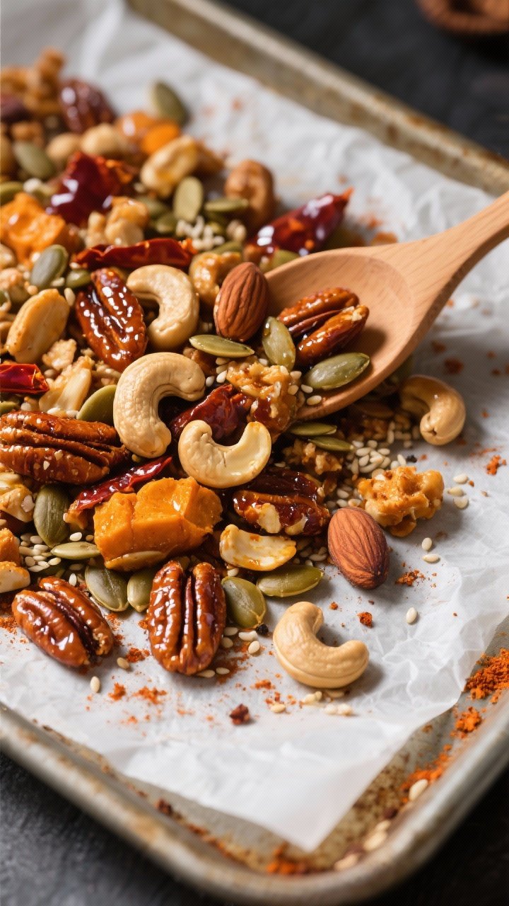 Overhead shot of a warm snack mix spilling from a parchment-lined baking tray: maple-chili glazed almonds, cashews, pecans, pumpkin seeds, and sesame seeds, glossy from pure maple syrup and melted butter; visible chili powder dusting with tiny flakes, deep amber sheen; wooden spoon for tossing, slight wisps of heat; high-contrast light to pop textures.