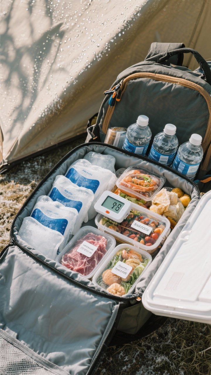 Overhead shot of a well-packed cooler/insulated backpack: 4–6 ice packs and frozen water bottles nestled around food, a small fridge thermometer visible reading safe temps, separate labeled containers for raw vs ready-to-eat items if grilling, and the cooler placed in a shaded area suggested by a canvas tarp or umbrella shadow; condensation beads, frosty tones, crisp organization.