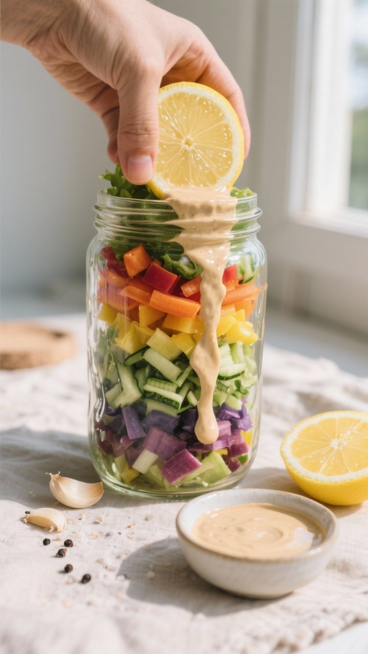Overhead shot of a zero-waste rainbow jar salad being assembled in a tall glass jar: layers of chopped crunchy veggies in a spectrum, drizzled with a creamy lemon-tahini dressing made from tahini, fresh lemon juice, maple syrup, extra-virgin olive oil, finely grated garlic, sea salt, black pepper, and a splash of cold water to thin; bright, glossy textures with a small bowl of the pale beige dressing and a lemon half on a neutral linen, eco-friendly picnic vibe, natural window light, crisp focus.