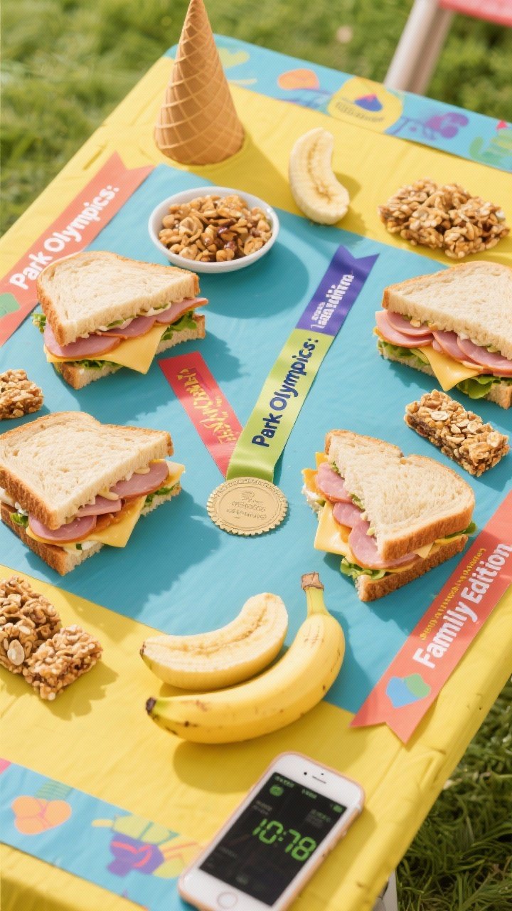 Overhead shot of “Park Olympics: Family Edition” fuel table: ribbons and paper medals framing a spread of protein-packed sandwiches (ham/turkey with cheese), banana halves, and granola bars; cones marking edges, a phone timer visible. Bright, energetic colors, clean arrangement, appetizing sandwich layers highlighted.
