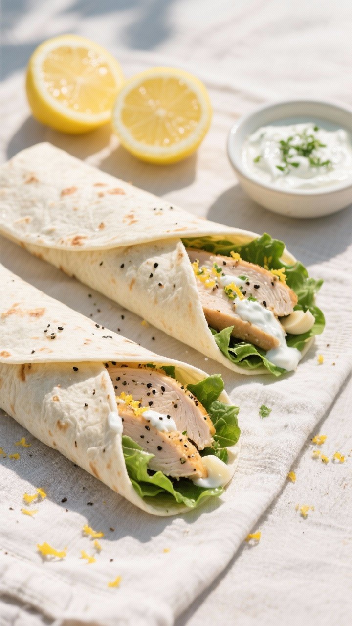 Overhead shot of assembled lemon-pepper chicken wraps cut on the bias, tightly wrapped to show juicy sliced chicken thighs seasoned with coarse black pepper, garlic powder, and lemon zest, tucked with crisp greens and drizzled with herby Greek yogurt; lemon halves, a small bowl of herby yogurt, and a sprinkle of zest on a light linen for a no-soggy picnic vibe; bright, natural daylight, crisp textures, minimal props.