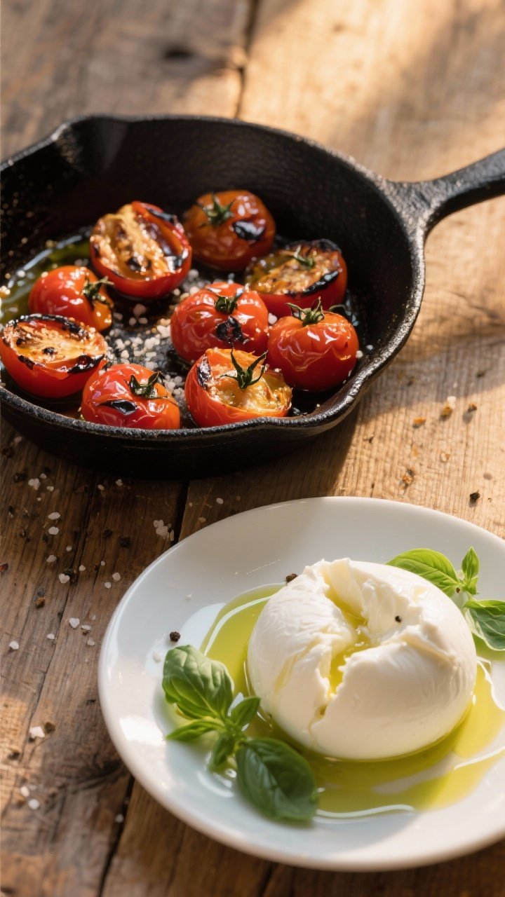 Overhead shot of blistered cherry tomatoes sizzling in a black cast-iron skillet, skins split and glossy with extra-virgin olive oil, sprinkled with kosher salt and freshly ground black pepper; a large ball of creamy burrata torn open on a nearby white plate, basil oil drizzled in emerald streaks with fresh basil leaves scattered; warm golden-hour side light, rustic wooden surface, no people.