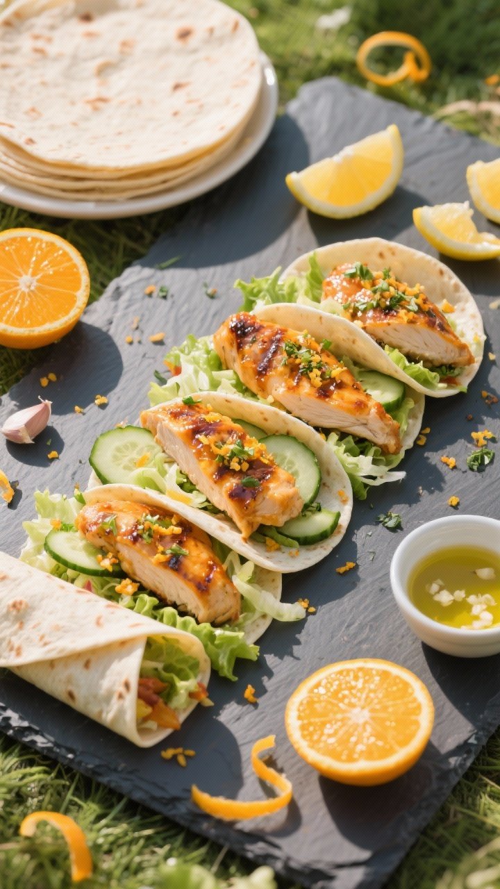 Overhead shot of Cascading Citrus Chicken Wraps being assembled on a slate board: grilled boneless chicken thighs with glossy orange-lemon glaze (visible zest), shredded lettuce, thin cucumber ribbons, herby crunchy topping, warm flour tortillas, small bowls of olive oil and minced garlic; bright, sunlit picnic mood with citrus halves and zest curls scattered, no people, crisp, appetizing textures.