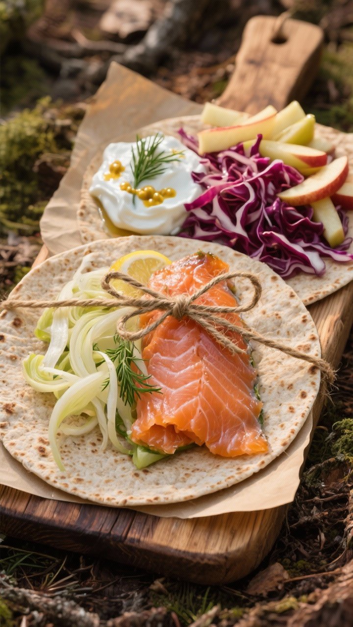 Overhead shot of cedar-smoked salmon wraps being assembled on a rustic forest picnic board: whole-wheat tortillas laid open, flaked hot-smoked salmon, very thinly sliced fennel and shredded red cabbage piled in ribbons, matchsticked apple, a dollop of Greek yogurt mixed with fresh dill and lemon, drizzle of mustard, all on parchment with twine ready to tie; warm, woodsy tones, natural dappled light, crisp textures of fennel and cabbage contrasting the rich salmon.