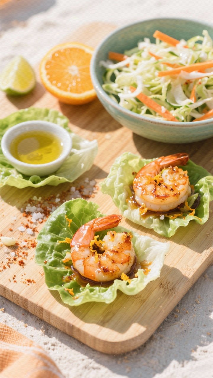 Overhead shot of citrus shrimp lettuce wraps being assembled on a sunlit bamboo board: butter lettuce leaves filled with seared medium shrimp glazed in lime and orange zest/juice, a hint of honey sheen, dusting of smoked paprika and garlic powder, sprinkled sea salt; a side bowl of crunchy slaw with thinly sliced cabbage and carrots, lime wedges and orange halves nearby, small dish of olive oil; bright beachy vibe, crisp textures, no people, professional styling.