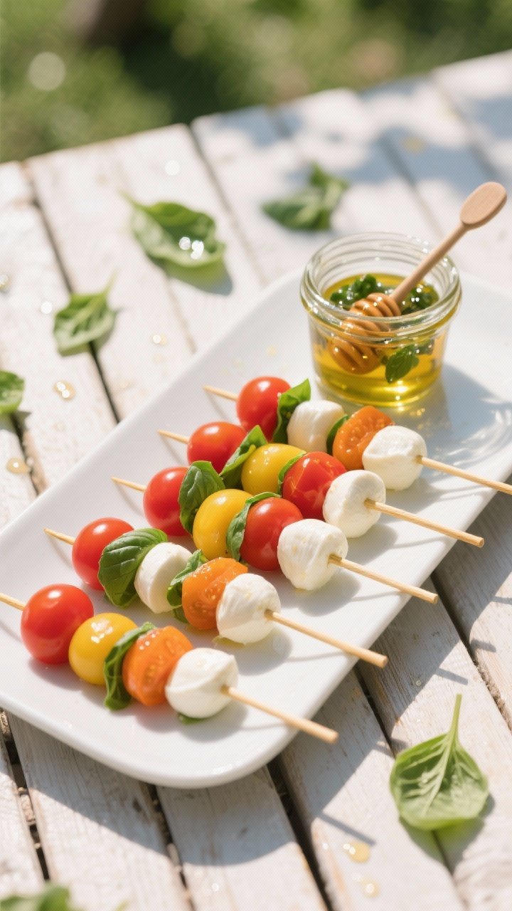 Overhead shot of confetti Caprese skewers arranged in neat rows on a white platter: alternating cherry tomatoes (red, yellow, orange), mini mozzarella balls (bocconcini), and small basil leaves on short bamboo picks. A small glass jar of basil-honey drizzle (extra-virgin olive oil, honey, finely chopped basil) with a tiny spoon, visible glossy droplets drizzled over a few skewers. Bright, sunlit picnic mood on a light wooden surface with scattered basil leaves and a faint honey sheen.