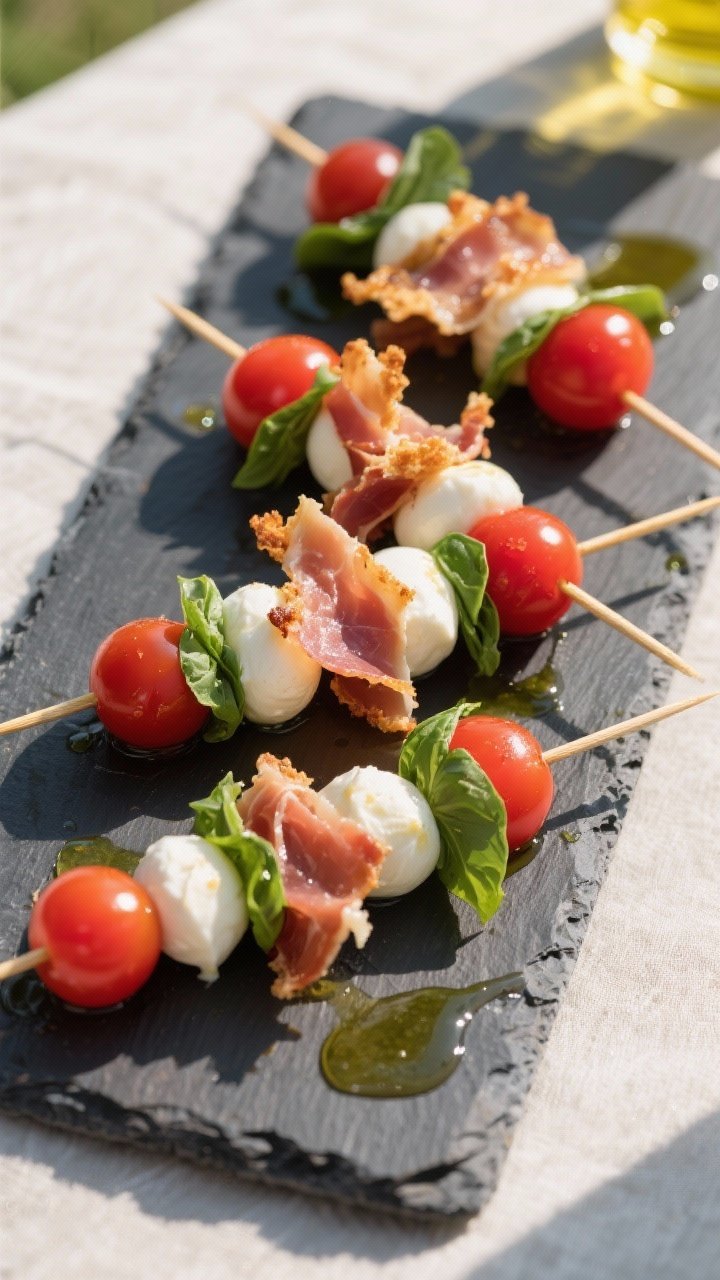 Overhead shot of Crispy Prosciutto Caprese Skewers lined on a slate board: cherry tomatoes, mini mozzarella balls (bocconcini), and small fresh basil leaves threaded on short skewers, topped with shards of baked prosciutto; a glossy extra-virgin olive oil basil drizzle pooling lightly; vibrant reds, whites, and greens with crunchy prosciutto texture; bright natural light, minimal props, Italian picnic mood.