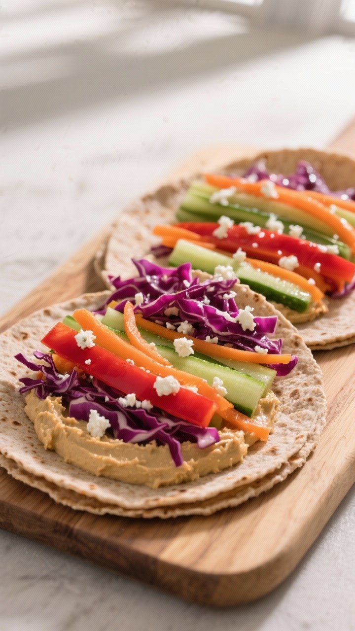Overhead shot of crunchy rainbow veggie wraps being assembled on a wooden board: whole-wheat tortillas spread with creamy hummus, rows of shredded red cabbage, julienned carrot, thin red bell pepper strips, and cucumber matchsticks, finished with a glossy tangy feta drizzle; vibrant colors, crisp textures, no people, soft natural window light, shallow depth of field.