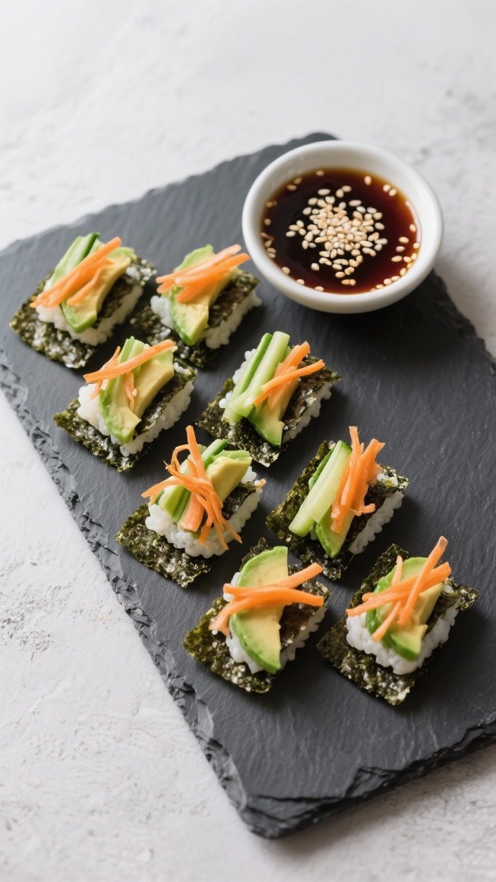 Overhead shot of crunchy veggie sushi bites arranged in neat rows on a dark slate board: square nori pieces topped with cucumber matchsticks, ripe avocado slices, and quick-pickled carrot shreds, served with a small bowl of glossy sesame-ginger dip, sprinkled with sesame seeds; clean, minimalist styling, crisp textures emphasized.