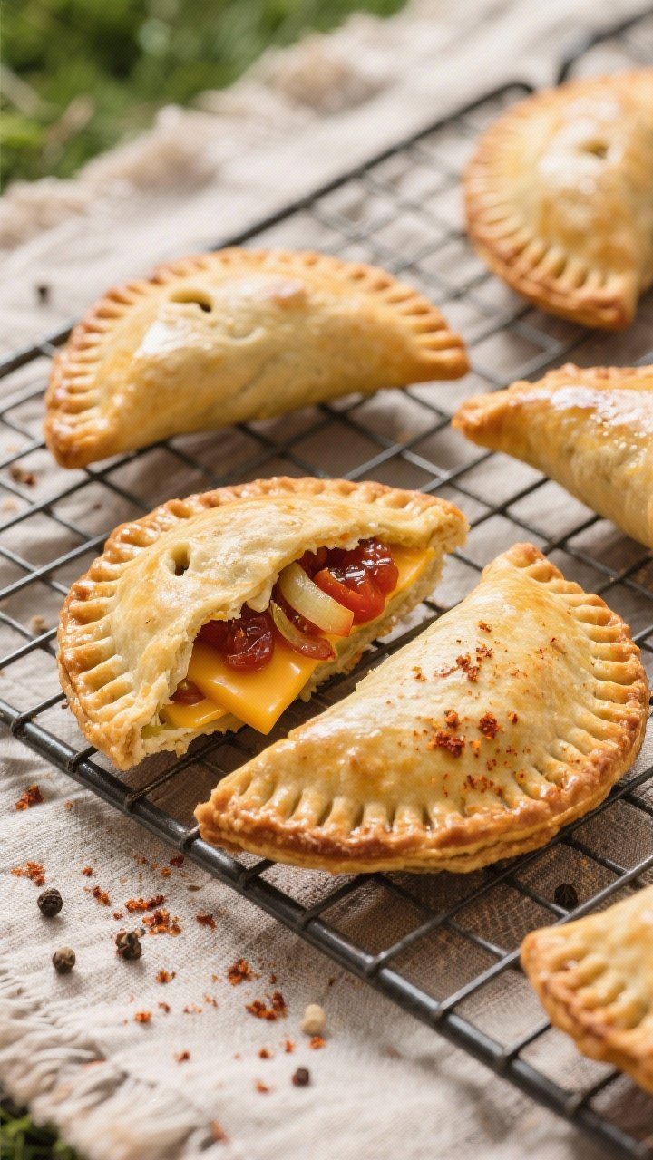 Overhead shot of estate-approved cheese and chutney hand pies cooling on a wire rack: golden half-moon pies with tiny steam vents, crimped edges, a light dusting of smoked paprika visible; cut one open to show sharp cheddar, well-drained caramelized onions, and tomato/apple chutney filling; egg wash shine; pinch of salt and pepper flakes scattered; rustic picnic cloth beneath.