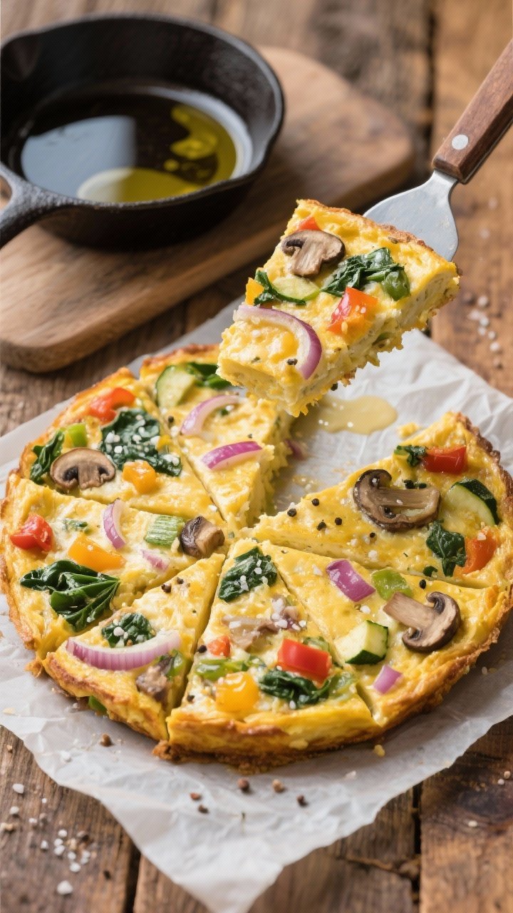 Overhead shot of farmers’ market frittata baked and cut into neat squares: golden egg base with milk, flecked with sea salt and pepper, studded with sautéed onion and colorful mixed vegetables (spinach, mushrooms, peppers, zucchini); one square lifted on a spatula showing fluffy interior, cast-iron skillet nearby with a drizzle of olive oil, set on parchment over a wooden table.
