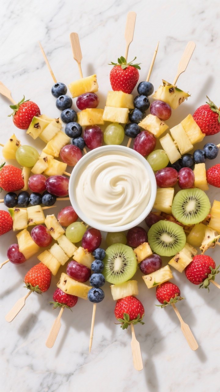 Overhead shot of fruit wands neatly arranged in a fan: wooden skewers stacked with alternating strawberries, grapes, pineapple chunks, kiwi slices, and blueberries; a central bowl of creamy vanilla yogurt dip with a swirl; vibrant jewel tones on a light marble surface, fresh and whimsical.