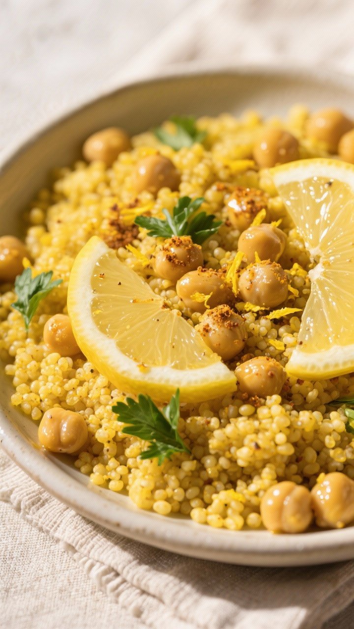Overhead shot of Golden Citrus Glow couscous in a wide shallow bowl: fluffy pearl couscous tossed with turmeric- and cumin-dusted chickpeas, glistening with olive oil, speckled with lemon zest and a squeeze of lemon juice; warm golden-yellow palette, garnished with thin lemon slices and a few parsley leaves on a light linen, bright natural daylight, crisp focus on the glossy chickpeas.