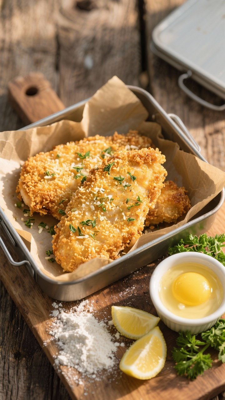 Overhead shot of golden, herby chicken cutlets nestled in a parchment-lined picnic tin, showing ultra-crispy panko-Parmesan crust flecked with dried herbs; a small ramekin of Dijon-egg dip sits nearby with a dusting of all-purpose flour on the board, lemon wedges and scattered parsley for freshness; natural daylight, rustic wooden surface, emphasis on crunchy texture that stays crisp after a walk.
