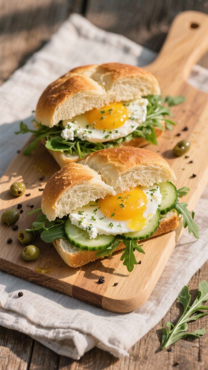 Overhead shot of golden jammy egg sandwiches sliced in half on a wooden picnic board: soft brioche buns spread with herbed feta, layered with arugula, thin cucumber rounds, a few capers, and glossy yolks, finished with a light olive oil drizzle and cracked black pepper; warm morning light, linen napkin, minimal props, crisp textures emphasized.