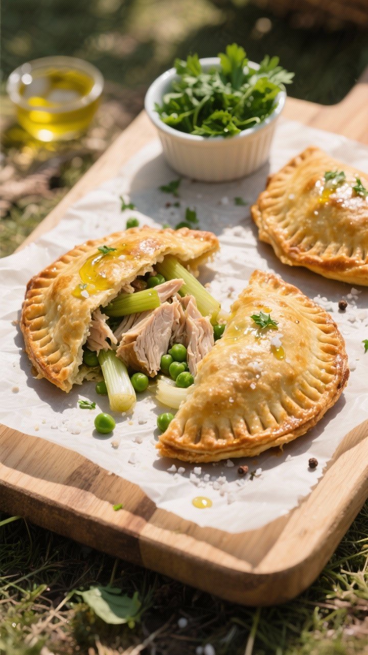 Overhead shot of golden, rustic hand pies on parchment over a wooden board, one broken open to reveal shredded roast chicken, sautéed leeks, and baby peas flecked with chopped parsley; brushed with olive oil, sprinkled with flaky salt and cracked pepper; small ramekin of fresh parsley and a drizzle of olive oil nearby; warm, dappled picnic light, shallow depth for flaky crust texture.