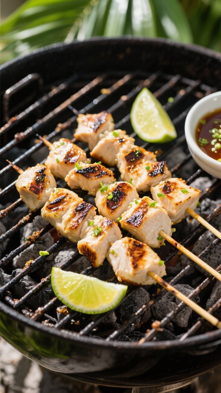 Overhead shot of grilled coconut-lime chicken skewers on a charcoal grill grate, glossy from a marinade of full-fat coconut milk, lime zest and juice, soy sauce/tamari, and a hint of brown sugar, with visible char marks; lime wedges and a small bowl of extra coconut-lime marinade on the side, tropical sunlight, vibrant greens and creamy whites contrasting against dark grill.