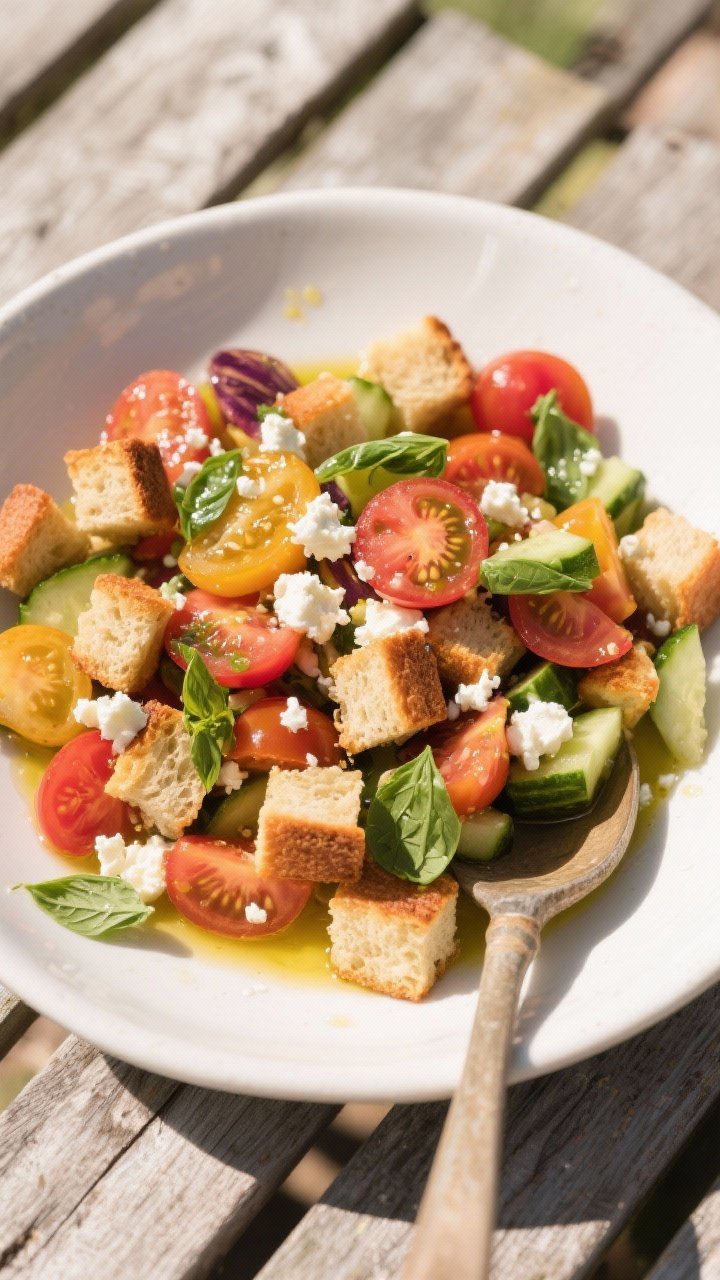 Overhead shot of heirloom tomato panzanella in a wide white bowl: chunky 1-inch toasted bread cubes glistening with olive oil, juicy chopped heirloom tomatoes in mixed hues, sliced cucumber, crumbled feta, and torn basil; basil-feta vinaigrette lightly pooled at the bottom, rustic spoon, sunlit picnic table, saturated summer colors.