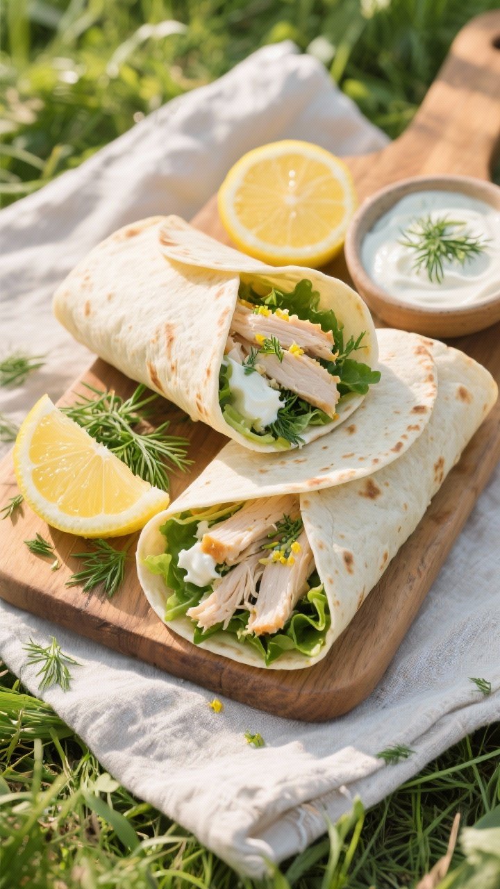Overhead shot of herby lemon chicken picnic wraps on a linen-lined wooden board: tortillas rolled and halved to reveal shredded chicken breast mixed with Greek yogurt, mayonnaise, extra-virgin olive oil, lemon zest and juice, chopped fresh dill, and crunchy greens; lemon wedges and a small dish of dill-lemon yogurt sauce on the side; bright, sunlit meadow vibe with crisp textures and vibrant greens.