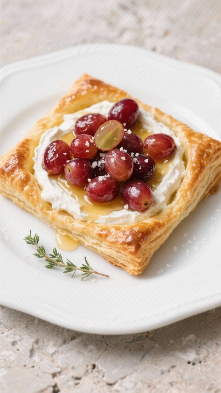 Overhead shot of honey-roasted grape and whipped goat cheese tart: puff pastry baked golden with egg wash, topped with glossy roasted red grapes blistered with olive oil and honey, a thick swoosh of whipped goat cheese underneath peeking out, drizzle of extra honey and pinch of flaky sea salt, a few thyme leaves for aroma; clean white plate on a stone surface.