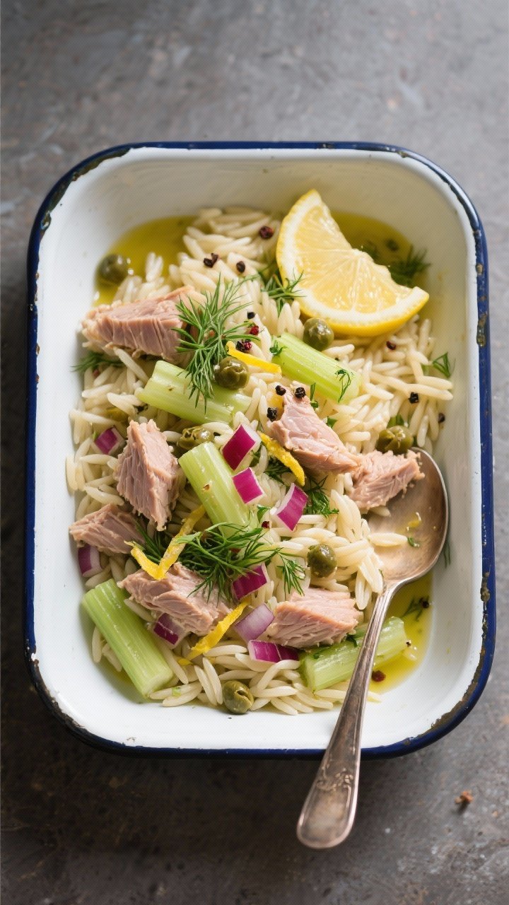Overhead shot of lemon-dill orzo with tuna and crunchy celery: tender orzo folded with high-quality tuna in olive oil, thinly sliced celery, finely diced red onion, briny capers, chopped dill and parsley, and lemon zest; finished with a light olive oil drizzle and cracked pepper, styled in a shallow enamel tray with a serving spoon.