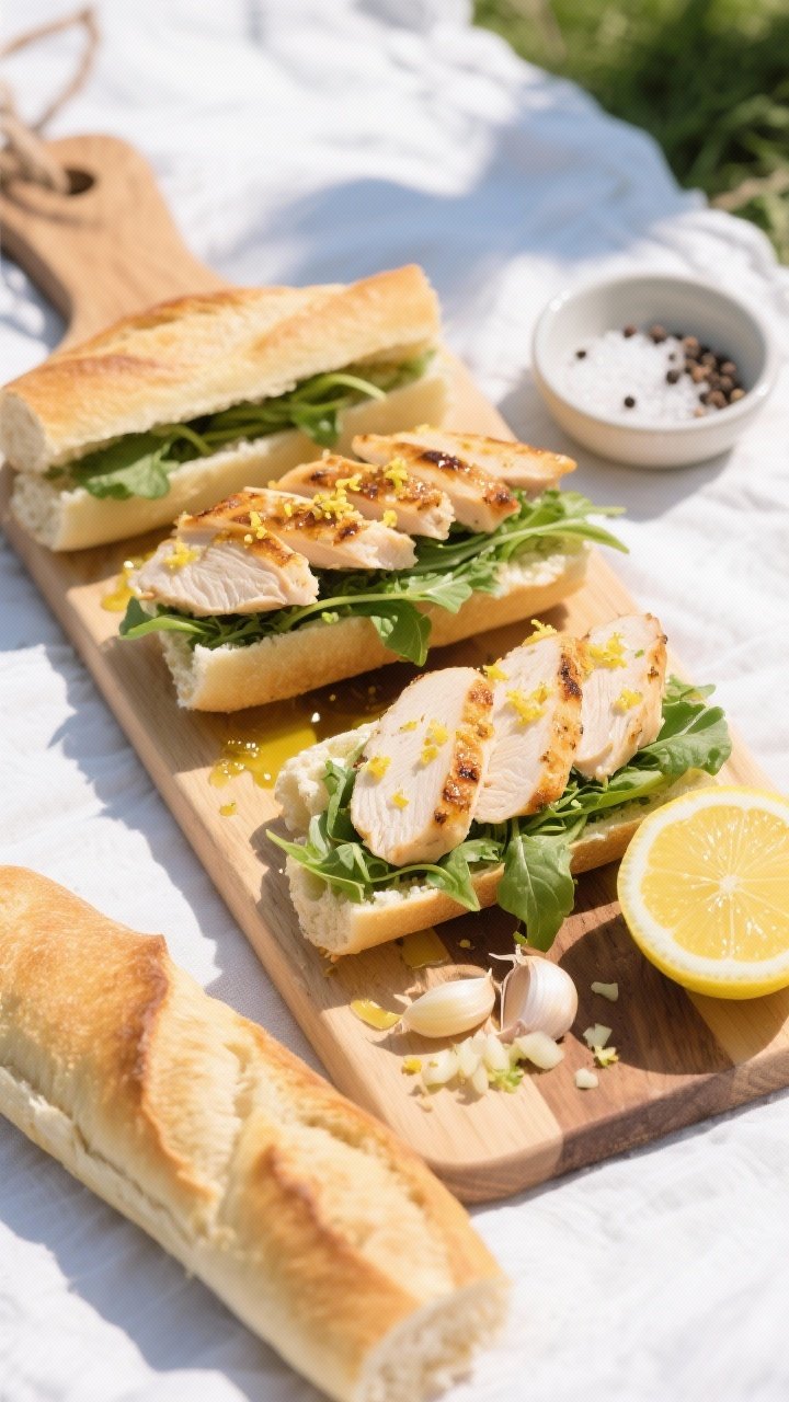 Overhead shot of lemon-herb chicken picnic rolls being assembled on a wooden board: sliced baguette spread with Dijon-honey marinade, grilled chicken breast slices with visible lemon zest, baby garden greens, and a drizzle of olive oil; include minced garlic, lemon halves (zested and juiced), a small dish of kosher salt and cracked black pepper; bright, sunlit picnic mood with clean linens, no people.