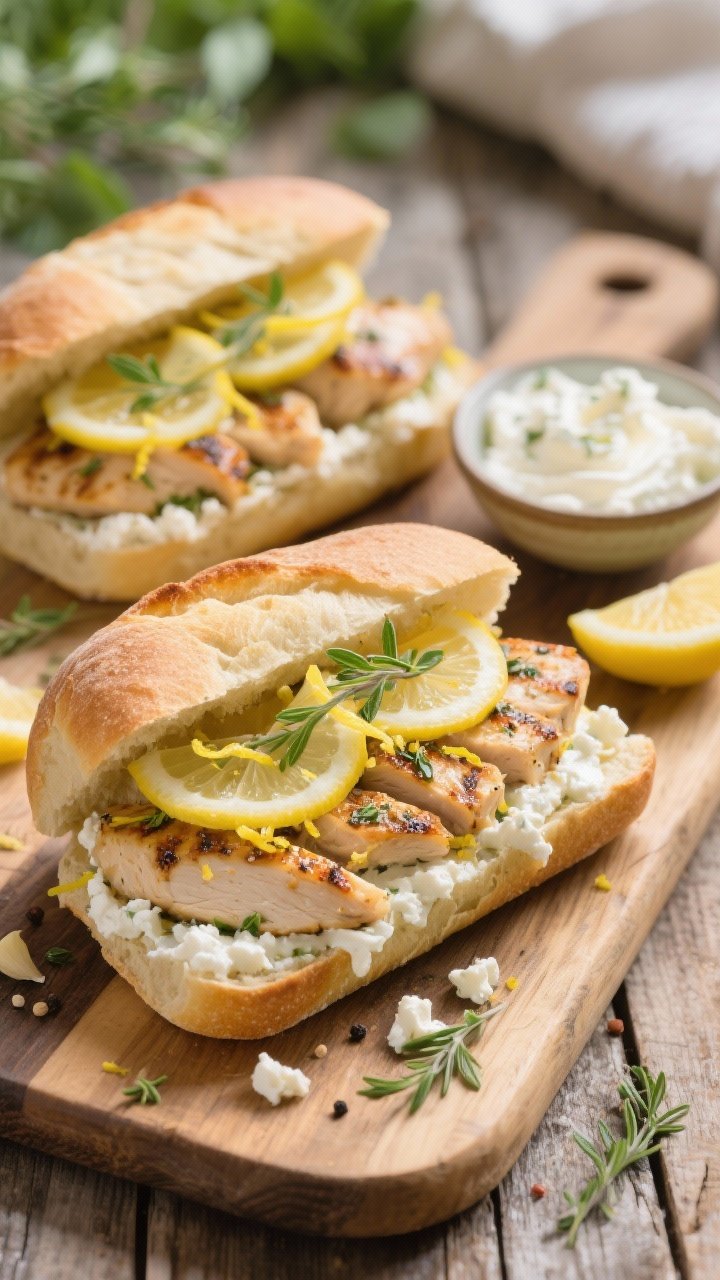 Overhead shot of lemon-herb chicken picnic sandwiches on a rustic wooden board: toasted ciabatta split open with sliced grilled chicken thighs marinated in olive oil, lemon zest and juice, minced garlic, dried oregano, sea salt and black pepper, generously spread with whipped feta (crumbled feta beaten creamy), garnished with thin lemon zest ribbons and fresh oregano, a small bowl of extra whipped feta and a cut lemon on the side; bright spring light, crisp textures, no people.