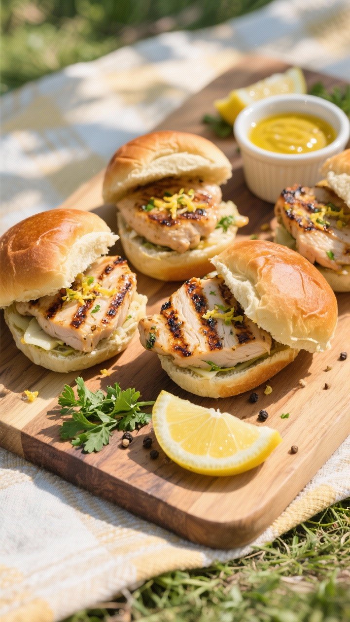 Overhead shot of lemon-herb chicken picnic sliders on a wooden board: mini brioche buns stuffed with sliced grilled chicken thighs marinated in olive oil, fresh lemon zest and juice, minced garlic, Dijon, a hint of honey, kosher salt, and black pepper. Garnish with thin lemon slices and chopped parsley, with a small ramekin of Dijon-honey drizzle on the side; bright outdoor picnic vibe, dappled natural light, crisp textures on the charred chicken.