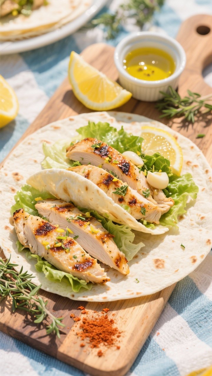 Overhead shot of lemon-herb chicken picnic wraps sliced on a wooden board: grilled boneless skinless chicken thighs marinated in olive oil, lemon zest and juice, minced garlic, dried oregano, smoked paprika, and kosher salt, tucked into soft tortillas with crisp lettuce; a small ramekin of extra lemon-garlic oil for brushing, lemon halves, oregano sprigs, and paprika dusting around; bright, sunny picnic mood, sharp textures of charred chicken and zesty sheen.