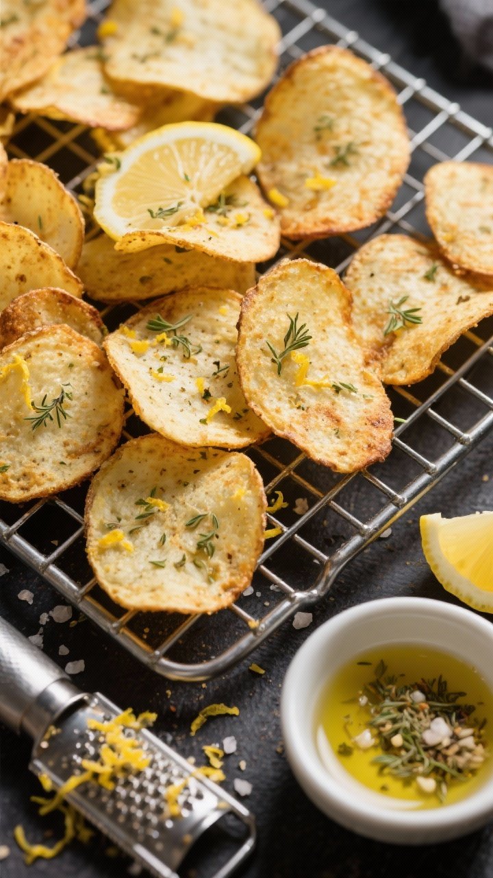 Overhead shot of lemon-herb potato chips cooling on a wire rack: thin, golden russet slices with bubbled, crisp edges, dusted with lemon zest, dried oregano, garlic powder, and sea salt; a small bowl of neutral oil/olive oil nearby, microplane with zest remnants, and a pinch bowl of seasoning; contrasty light to emphasize crunch.