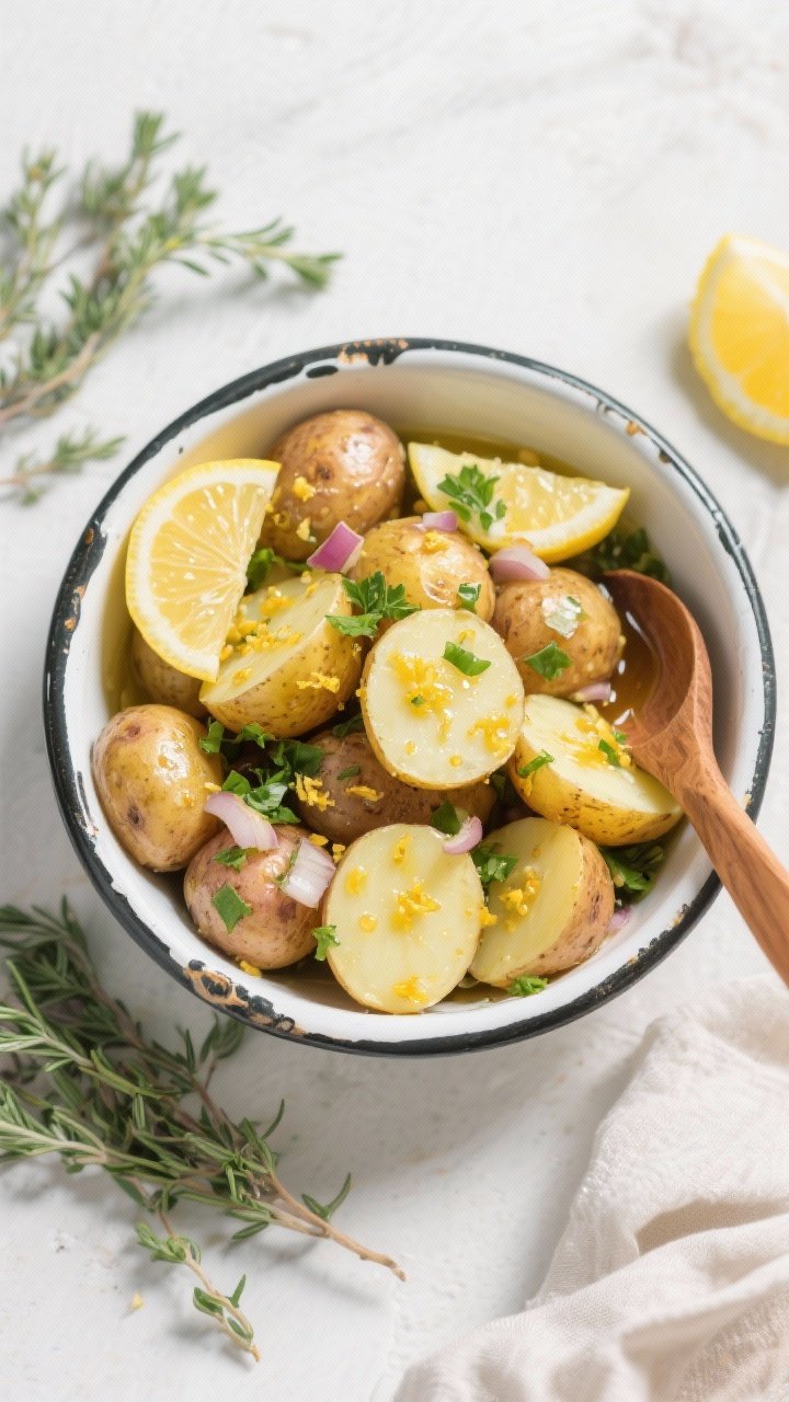 Overhead shot of lemon-thyme potato salad (no mayo) in a wide enamel bowl: halved baby Yukon gold potatoes glossy with a vinaigrette of apple cider vinegar, minced shallot, Dijon mustard, lemon zest and juice, and extra-virgin olive oil; fresh thyme leaves and chopped parsley sprinkled; thin lemon slices and a wooden spoon nearby; bright, tangy, herb-forward presentation.