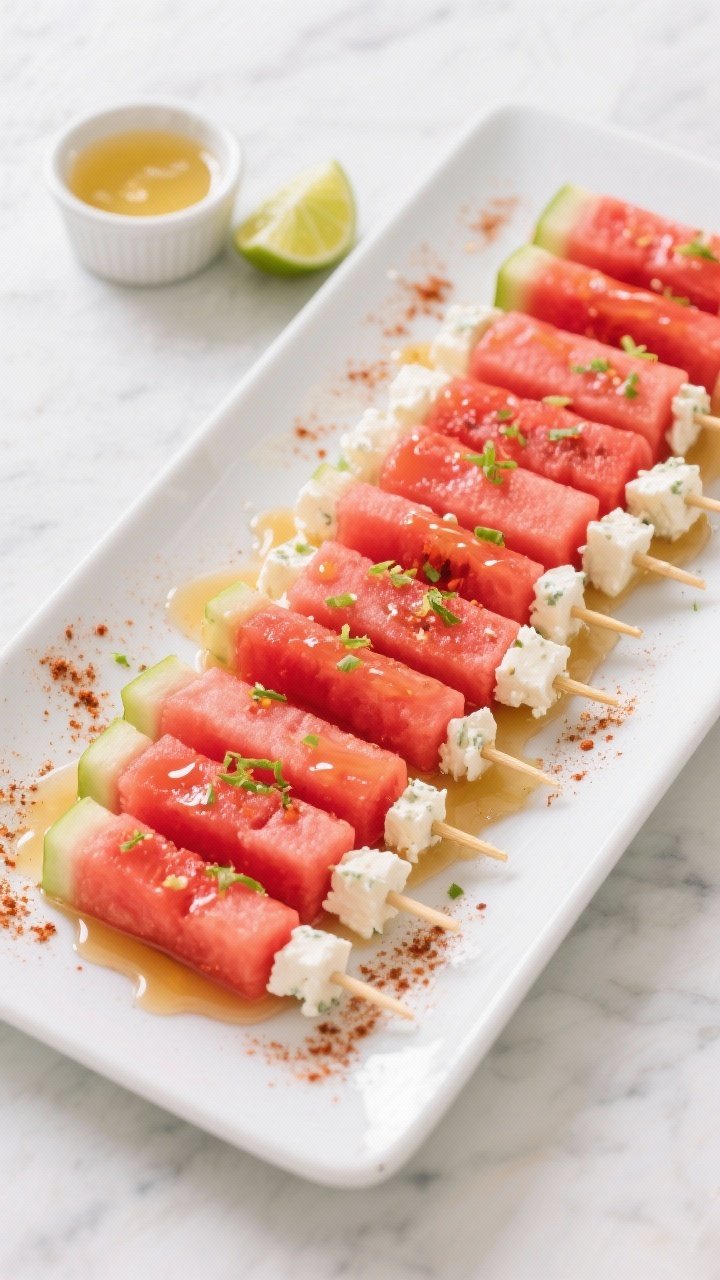 Overhead shot of neat rows of watermelon and feta batons assembled as finger sticks on a chilled white platter, glossy lime zest scattered over, a thin honey-lime glaze pooling lightly, and a dusting of chili powder along the edges; bright, juicy red watermelon against snowy feta, with a small ramekin of lime juice-honey mix and a halved lime nearby; crisp, summery styling on a light marble surface, no people, high contrast and sharp detail.