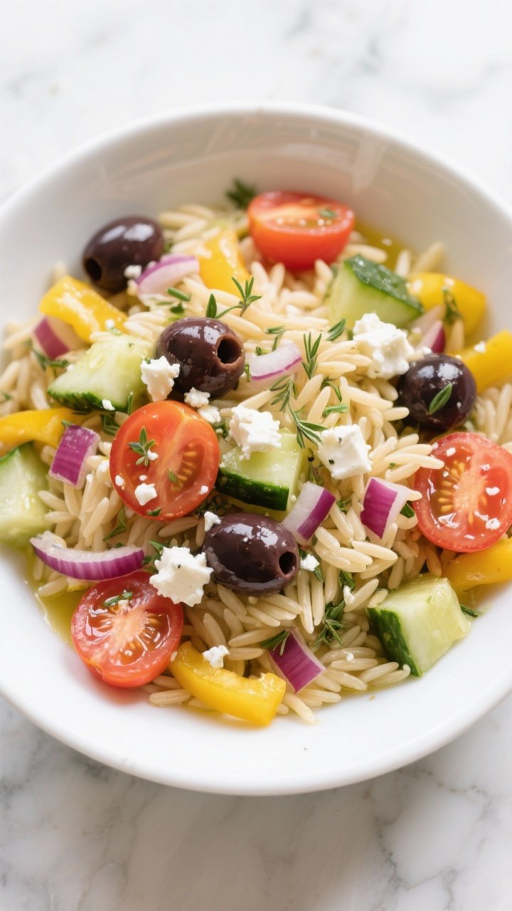 Overhead shot of rainbow orzo salad in a wide white bowl: tender orzo tossed with halved cherry tomatoes, diced Persian cucumber, yellow bell pepper, finely chopped red onion, halved Kalamata olives, and crumbled feta “confetti.” Finish with a glistening olive oil sheen and scattered oregano; vibrant colors, clean marble surface, bright daylight, emphasis on crunchy textures.