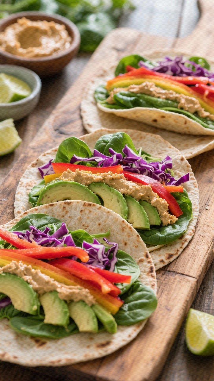 Overhead shot of rainbow veggie wraps being assembled on a rustic wooden board: spinach or whole-wheat tortillas spread with hummus, layered with avocado slices, baby spinach, shredded purple cabbage, and thin red bell pepper strips; vibrant colors arranged in rows before rolling; small bowls of extra hummus and lime wedges on the side; bright natural daylight, crisp textures, no people.