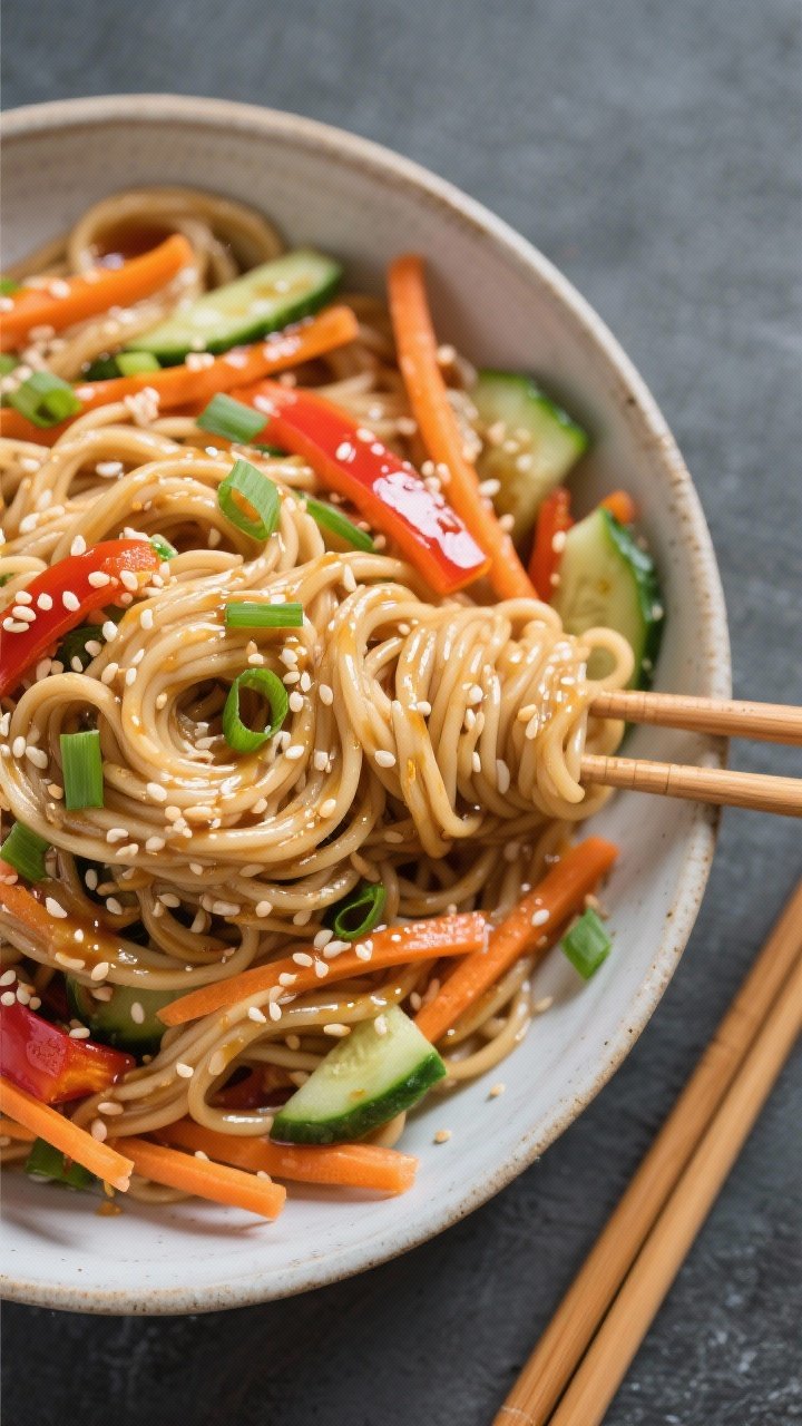 Overhead shot of sesame noodle salad in a shallow platter: spaghetti or lo mein coated in a glossy tahini-soy-rice vinegar dressing sweetened with honey, tossed with crunchy vegetables (shredded carrots, sliced cucumber, bell pepper), finished with toasted sesame oil, sesame seeds, and scallions; chopsticks resting on the edge.