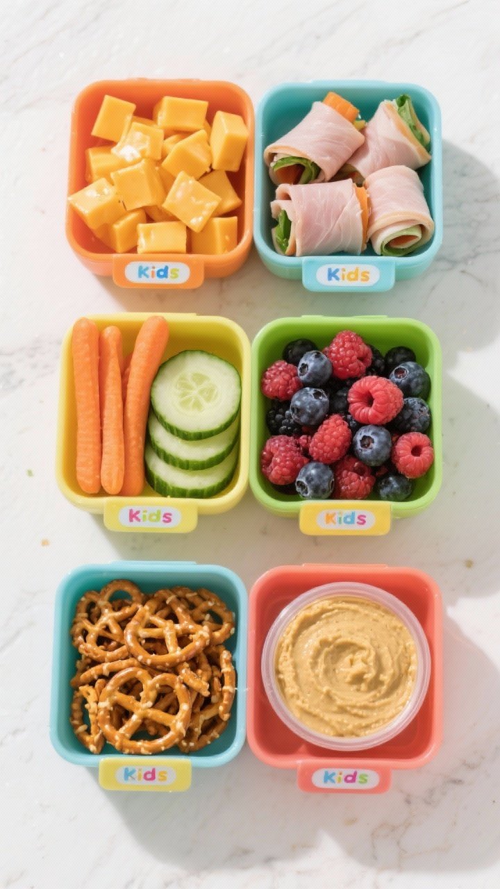 Overhead shot of six kid-friendly snack boxes neatly arranged: compartments filled with cheddar cubes, bite-sized turkey or veggie roll-ups, baby carrots, cucumber coins, mixed berries (dry), pretzels, plus a small container of ranch or hummus; bright, cheerful colors, clean labels, minimal mess, crisp clarity to show organization and kid-approved appeal.