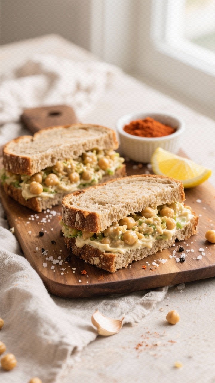 Overhead shot of smoky chickpea salad sandwiches on rustic whole-grain bread, the filling visibly studded with mashed chickpeas, vegan mayo, Dijon mustard, lemon juice, smoked paprika, garlic powder, cracked black pepper, and a sprinkle of kosher salt; cross-sections reveal creamy, slightly chunky texture. Styled on a wooden board with a small ramekin of smoked paprika and lemon wedges, neutral linen, soft natural window light, shallow crumbs and chickpea skins for realism.