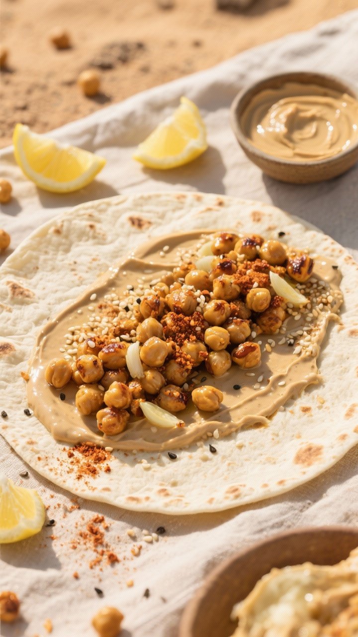 Overhead shot of smoky chickpea wraps being assembled on a desert-toned linen: roasted chickpeas glistening with olive oil, smoked paprika, cumin, garlic powder, salt, and black pepper; large flour tortillas spread with tahini-lemon sauce and sprinkled with crunchy sesame or toasted pita crumbs; scattered lemon wedges and a small bowl of tahini, minimal desert picnic styling, warm golden light, crisp textures and visible spice dusting.