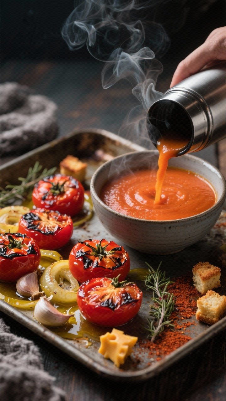 Overhead shot of smoky roast tomato soup being poured into a stainless steel thermos beside a steaming bowl: roasted ripe tomato halves (or fire-roasted canned tomatoes) with caramelized yellow onion slices and whole garlic cloves on a sheet pan glistening with olive oil, dusted with smoked paprika and dried thyme, garnished with cheddar croutons on a rustic tray; deep reds and charred edges, moody winter light, wisps of steam, matte ceramic bowl.