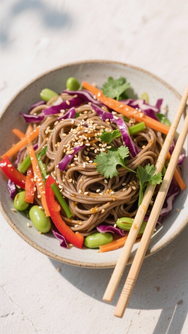 Overhead shot of soba noodle salad in a shallow ceramic bowl: buckwheat soba tangled with shredded red cabbage, julienned carrots, thin red bell pepper, sliced green onions, edamame, and chopped cilantro. Sesame-ginger dressing clings to noodles, sprinkled with toasted sesame seeds. Crisp veggies against earthy noodles; chopsticks resting on the rim, clean, fresh picnic-ready vibe.